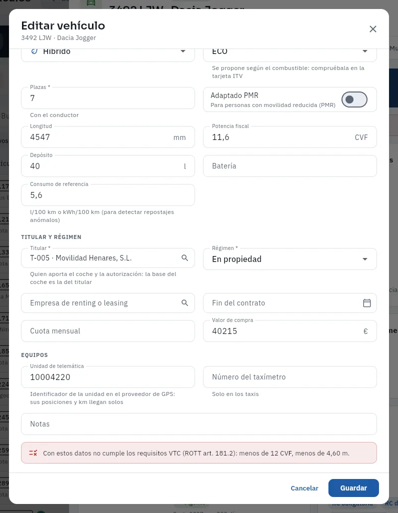 El formulario del Dacia Jogger 3492 LJW: con sus datos no cumple los requisitos VTC.